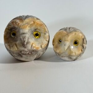 Vintage Set of 2 Hand Carved Genuine Alabaster Owl Figurines Made in Italy